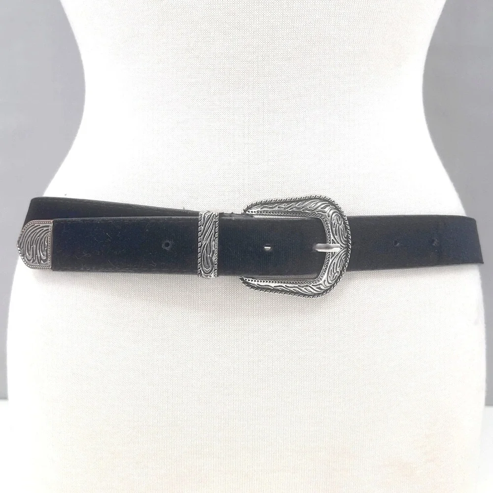 Womens Black Velvet Western Belt Silver Buckle Goth Glam Western Cowgirl 32-36